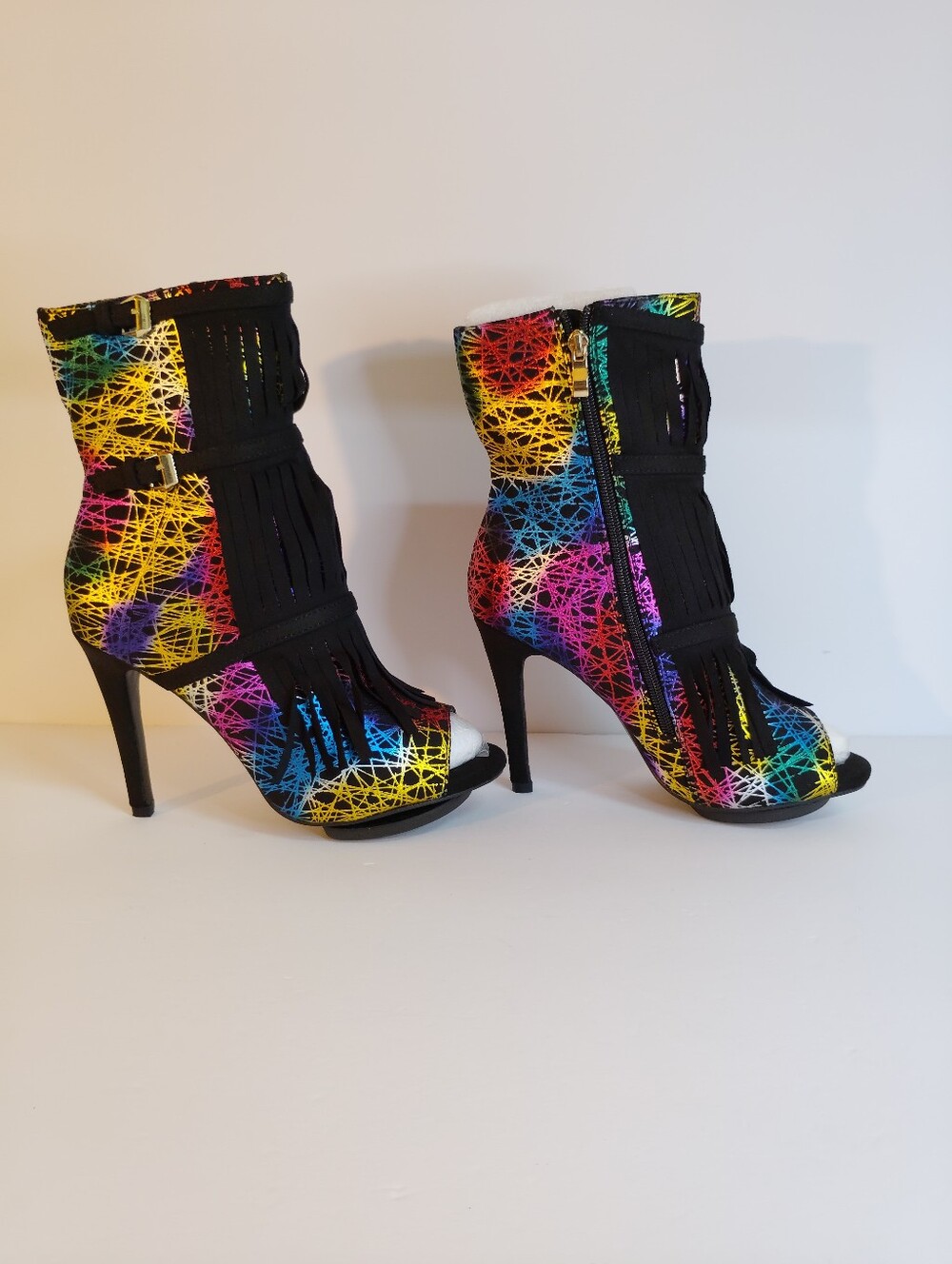 Fringe Multicolor Open-Toe Stiletto Booties
